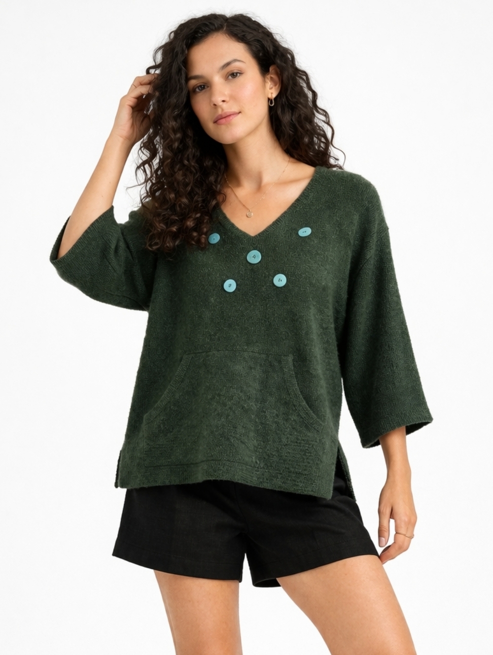 Pure Jill Olive Green Oversized V Neck Sweater Tunic Kangaroo Pocket Medium